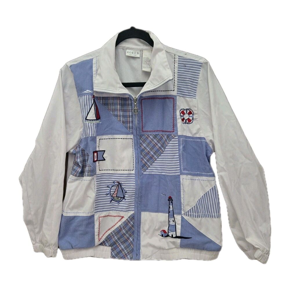 Koret Petite Windbreaker Jacket Womens Small White Nautical Boat Print Full Zip